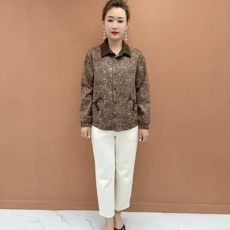 中老年女装春秋新款复古碎花翻领休闲风长袖夹克外套秋季气质春季