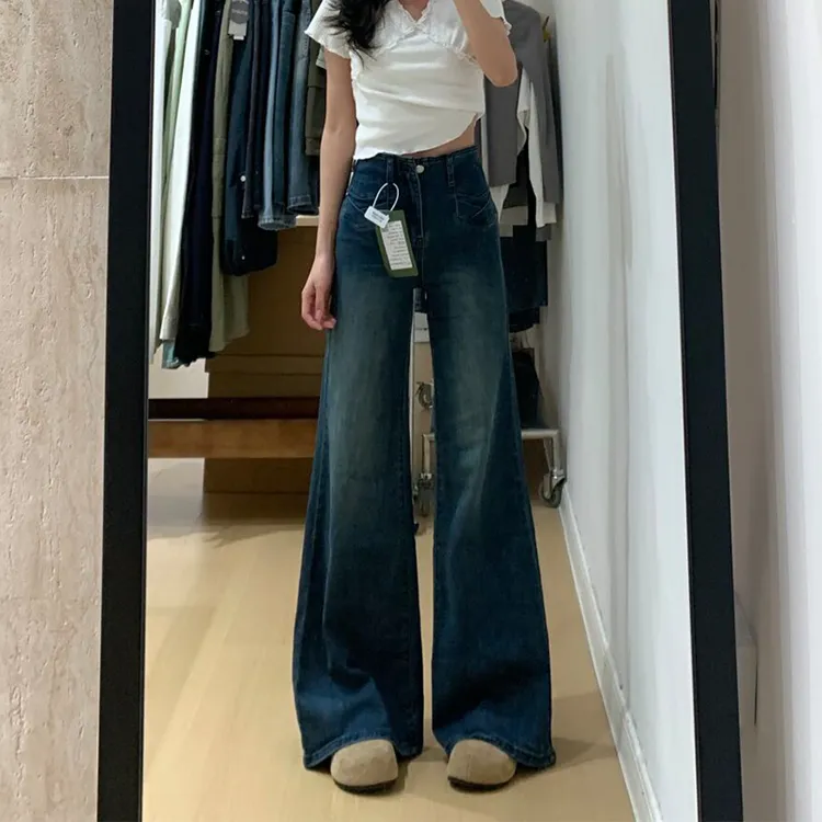 复古蓝高个子设计感牛仔裤女2025年秋季新款遮肉显瘦时尚直筒长裤