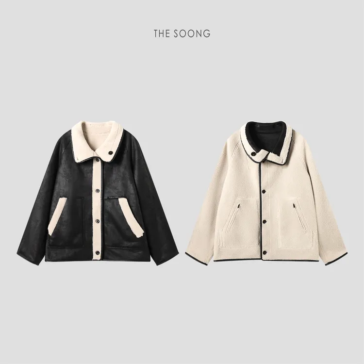 THESOONG|利落轮廓"复古高密锁温皮革肌理手缝牛角扣廓形外套7808