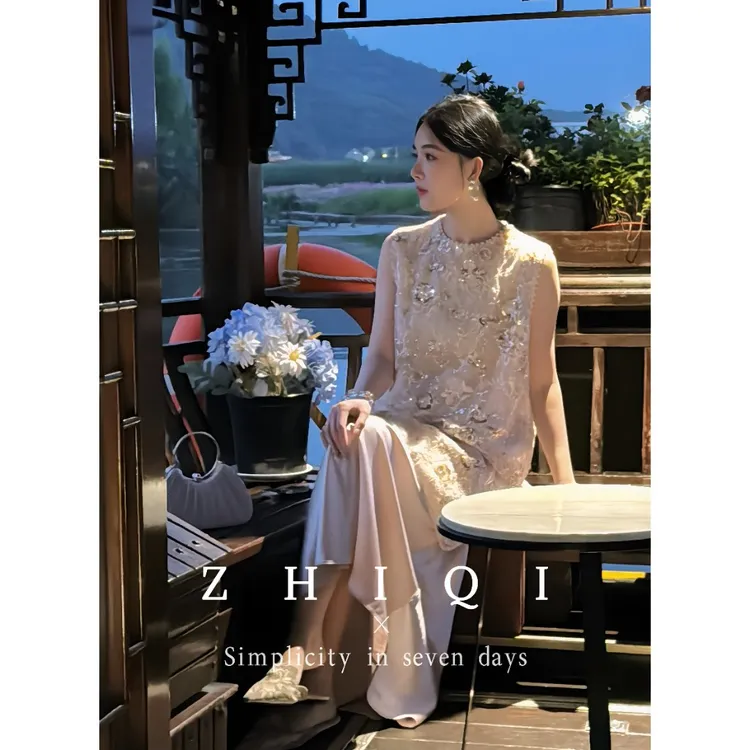 ZHIQI/止观七【鎏光萤】新中式静奢重工纱料立体珠花无袖上衣现货