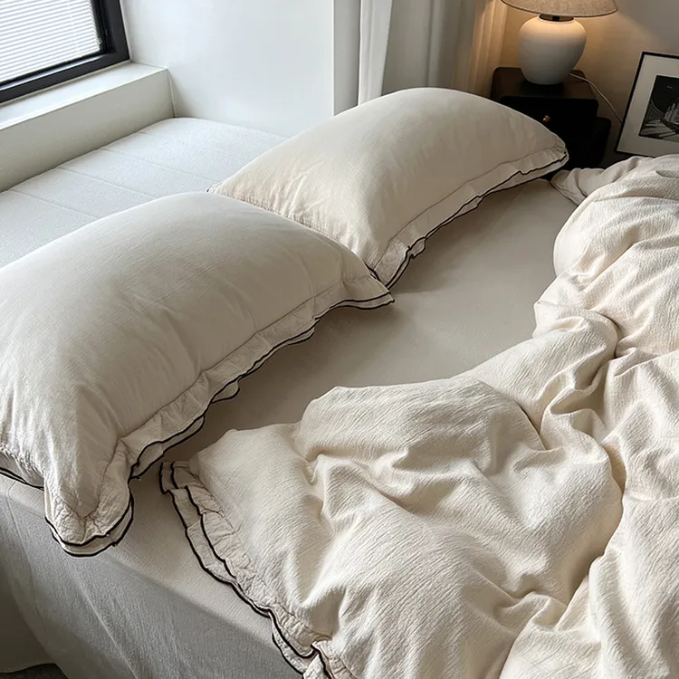 全棉时尚奶咖色双层纱四件套柔软高密皱皱纱双木耳边被套床上用品