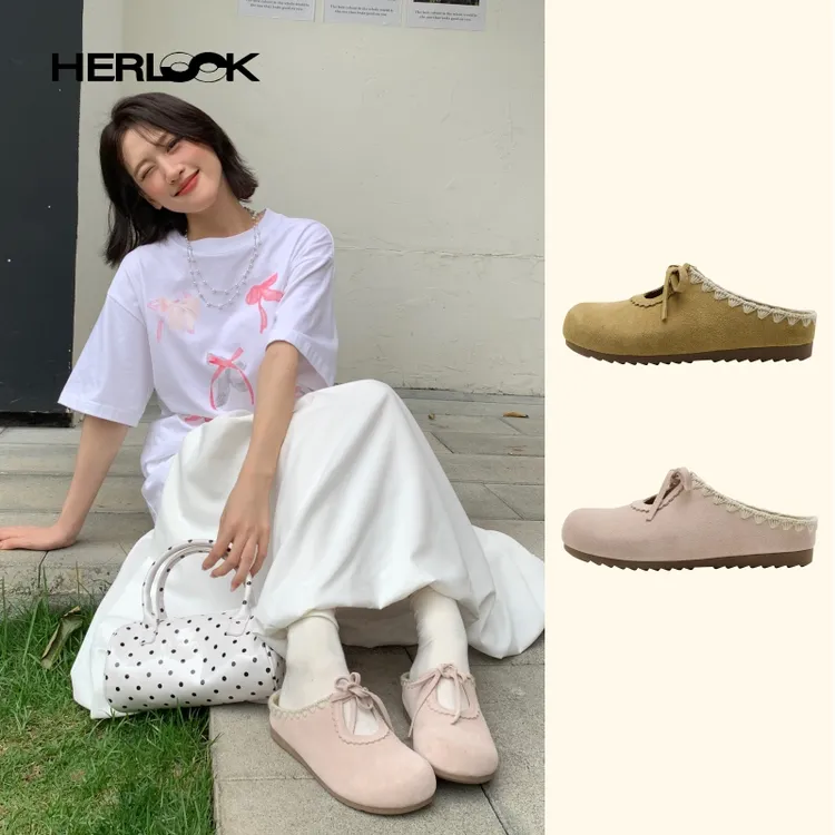 HERLOOK镂空花边粉色牛皮勃肯鞋2025春新款女软底包头外穿半拖鞋