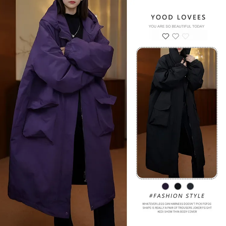 韩版复古长款连帽棉衣棉服女外套加厚保暖时尚宽松减龄高级感穿搭