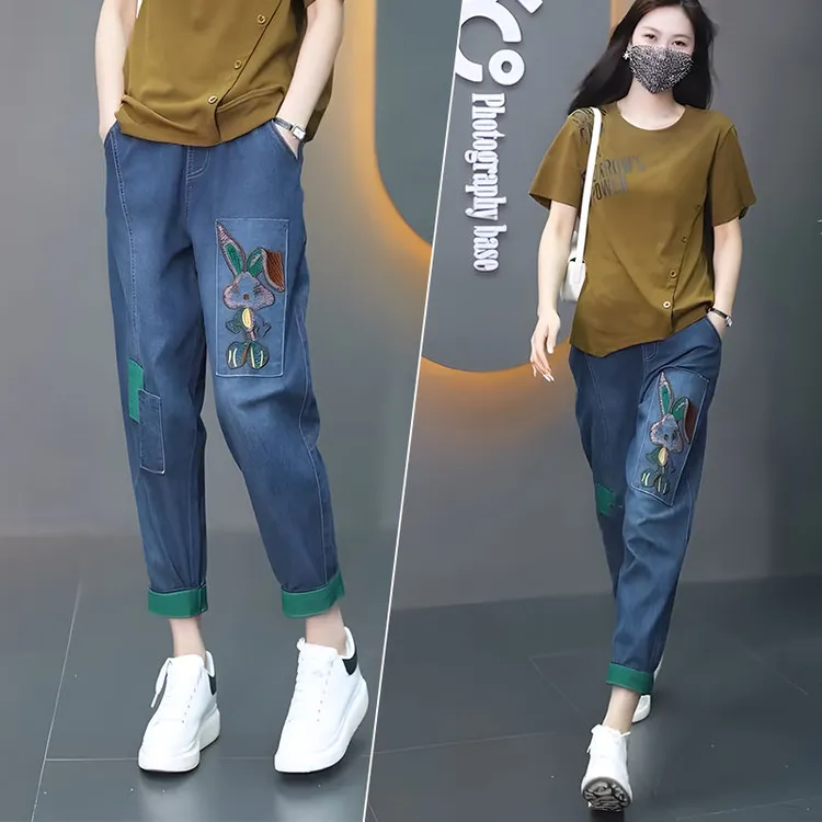 哈伦牛仔裤女新款2025年夏季薄款卷边罗卜裤宽松九分哈伦老爹裤潮