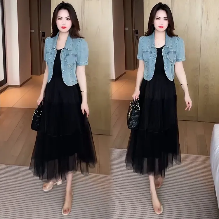 拉夏贝尔时尚套装裙女夏季新款洋气牛仔短外套背心网纱裙两件套