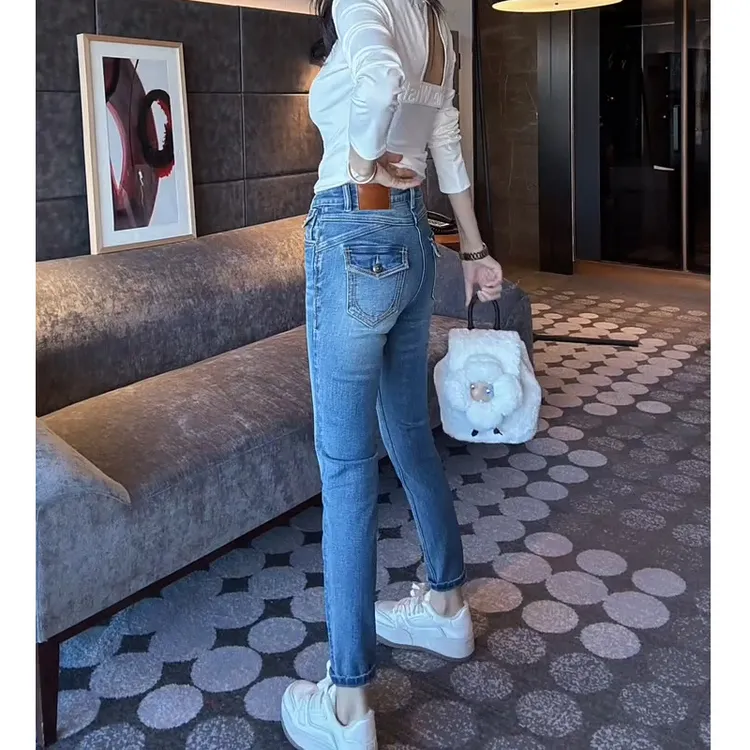 蓝色高腰牛仔裤女2026春秋新款修身显瘦紧身弹力小个子九分小脚裤
