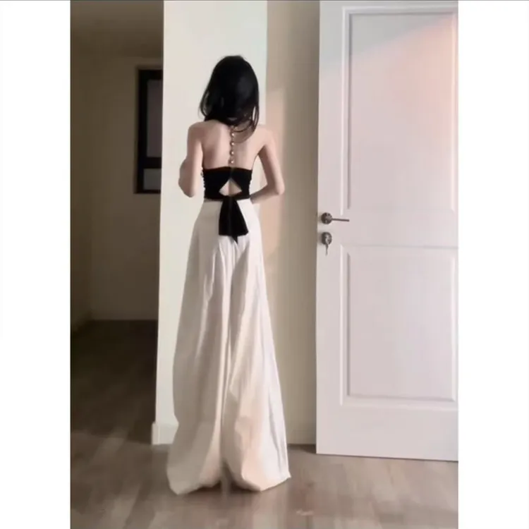 黑色挂脖小吊带背心女内搭2025新款春夏短拖地宽松百搭阔腿休闲裤