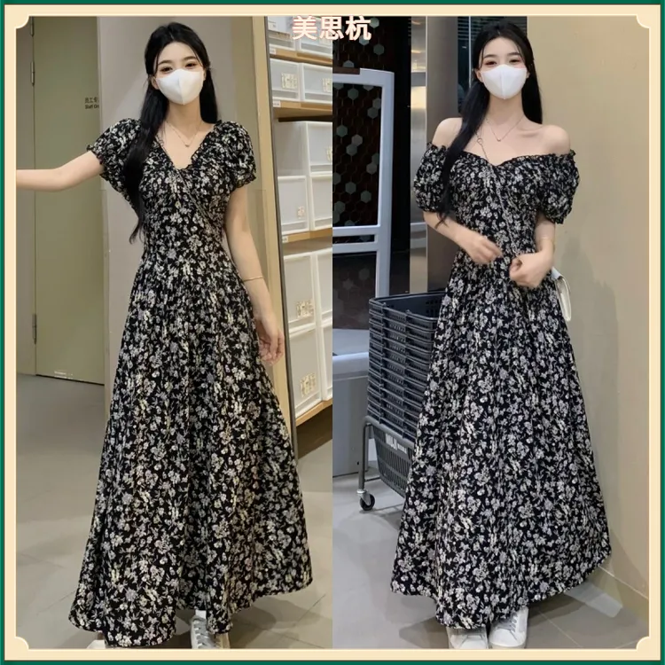 III大码2025夏季新款法式复古碎花领收腰显瘦气质长裙两穿连衣裙I
