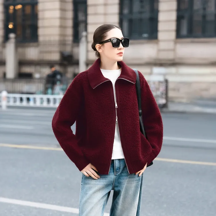 圣诞托卡羊毛百搭爆款时尚保暖编织拉链立领红色针织毛衣外套女