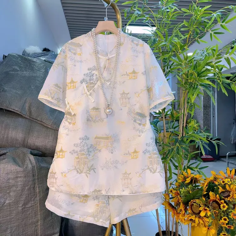 新中式国风盘扣刺绣上衣短裤套装改良民族风时尚大码遮肉夏季7142