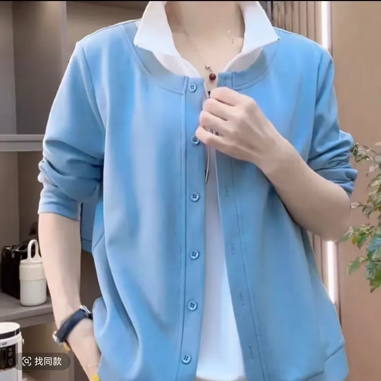 春季新款洋气百搭假两件上衣女中年妈妈时尚减龄显瘦长袖宽松显瘦