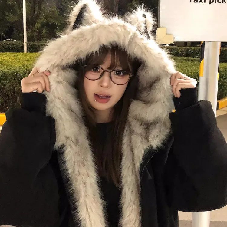 黑色麂皮绒毛领棉服厚外套女2025冬装新款超好看复古座山雕夹棉衣