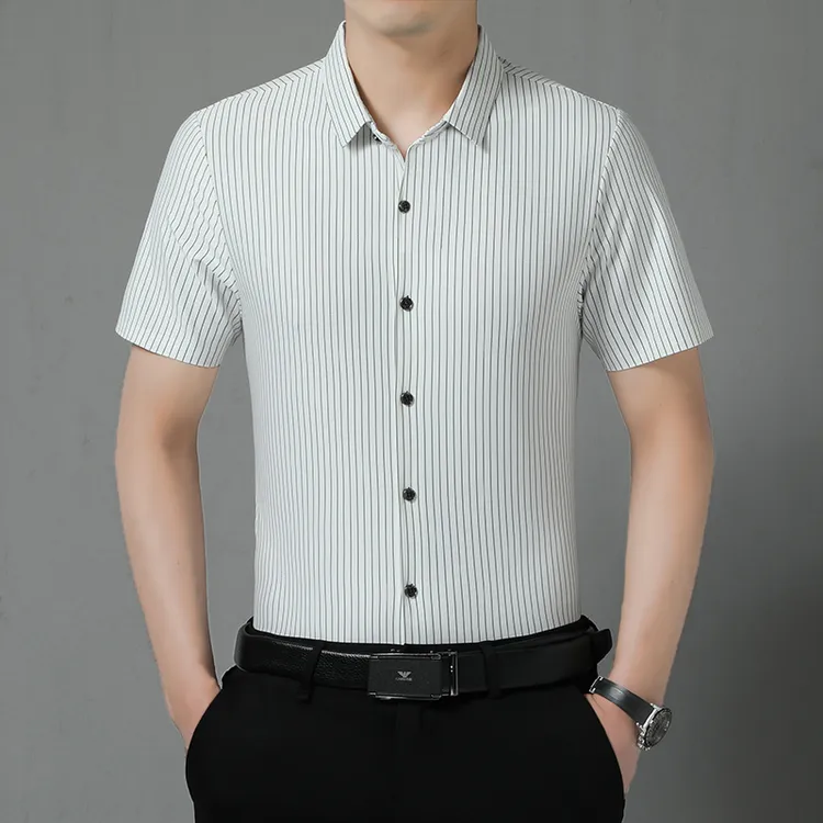 【冰丝高弹免烫】全无痕轻奢暗纹凉感抗皱无痕短袖衬衫竖条爸爸夏季