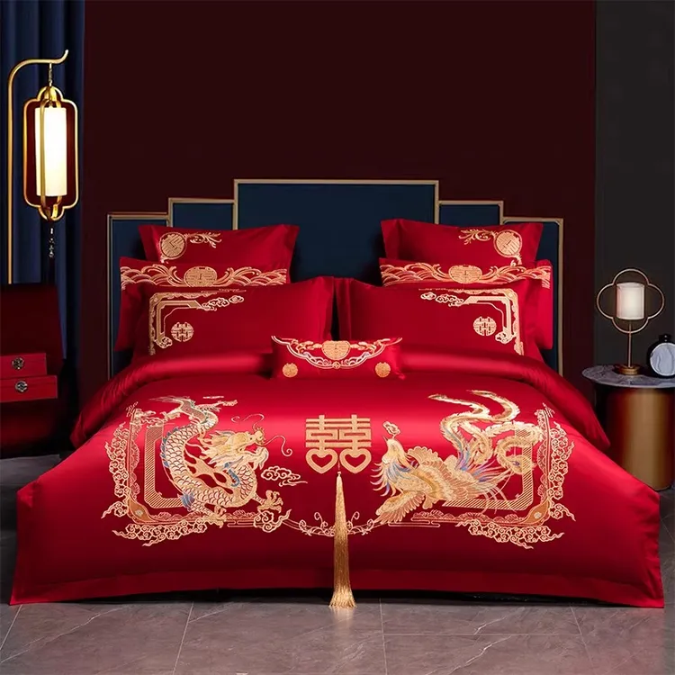水星系列中式全棉婚庆四件套结婚大红色绣花床单被套喜庆婚房床品