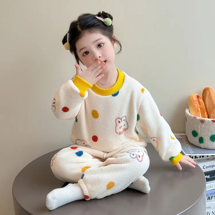 儿童法兰绒睡衣女童冬季加绒加厚款保暖家居服女孩宝宝珊瑚绒套装