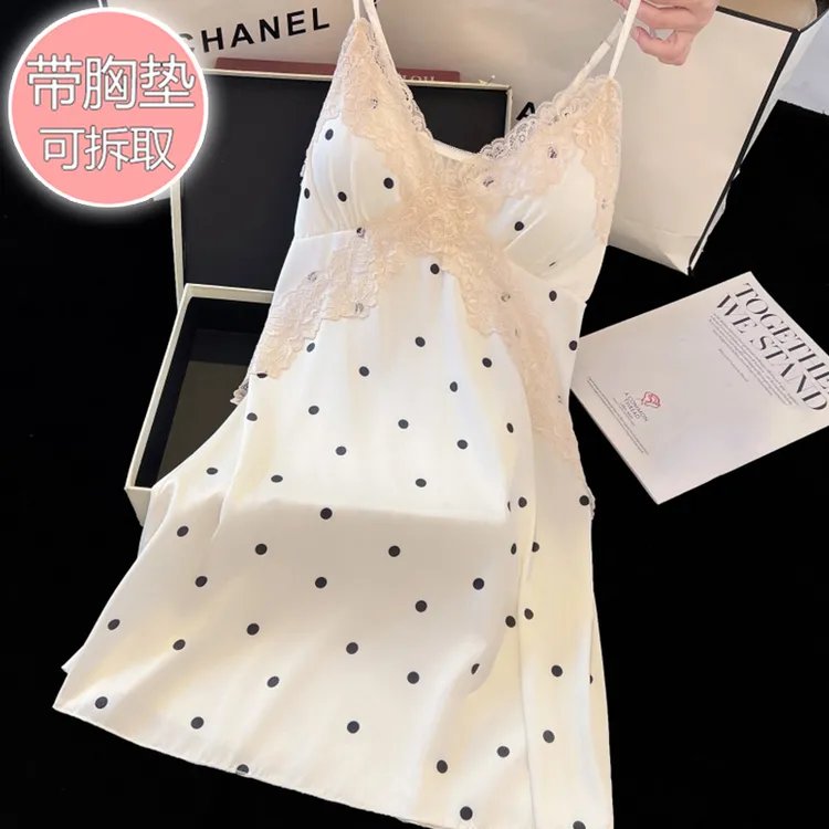 夏季女士甜美女气质性感睡衣带胸垫吊带可外穿中长家居裙中式裙子