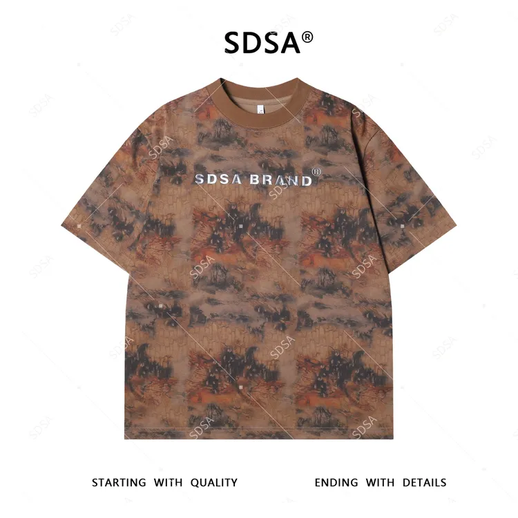 夏季高级感新款男士抽象撞色图案圆领短袖T恤重磅宽松设计师上衣