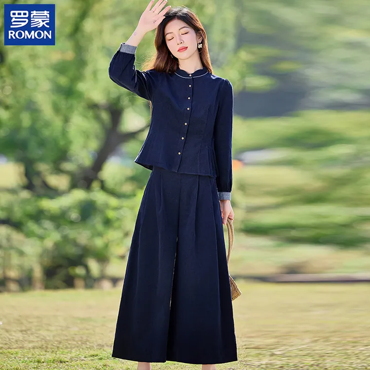 罗蒙年轻妈妈秋装高档套装中年纯棉短款上衣中老年女士秋季两件套