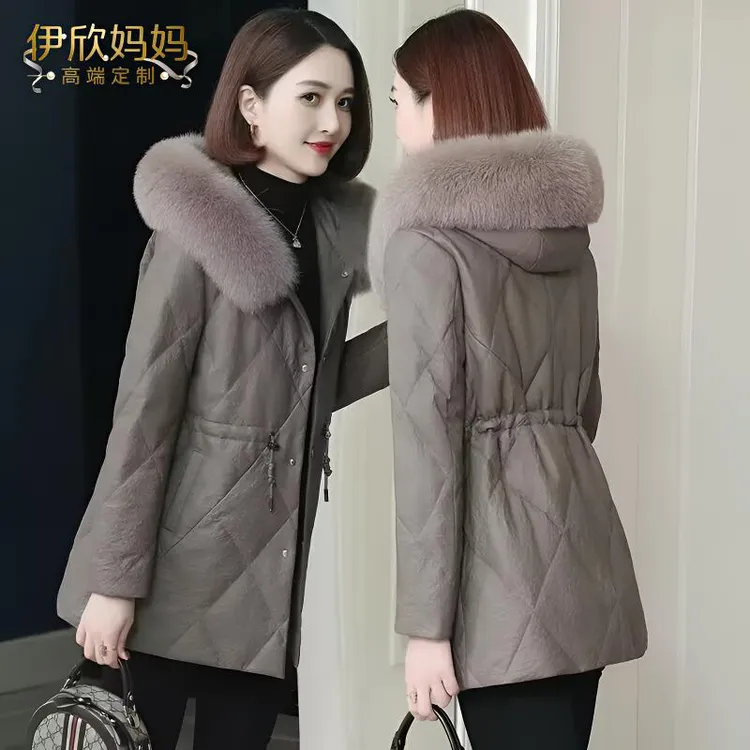 海宁皮衣羽绒棉服女款2025新款冬季中长款连帽狐狸毛大气保暖外套