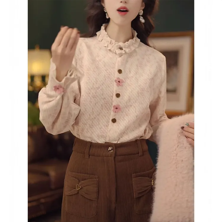 复古港风设计感花朵衬衫女2025秋冬新款百搭衬衣加厚减龄立领上衣