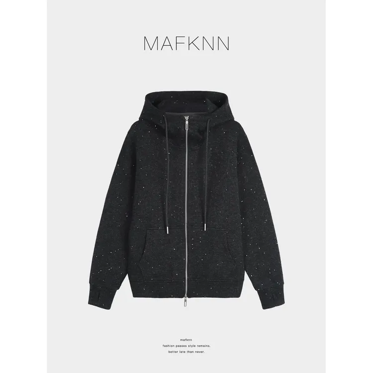 MAFKNN/玛肯时尚休闲简约纯色百搭带帽拉链亮晶晶卫衣MK13435