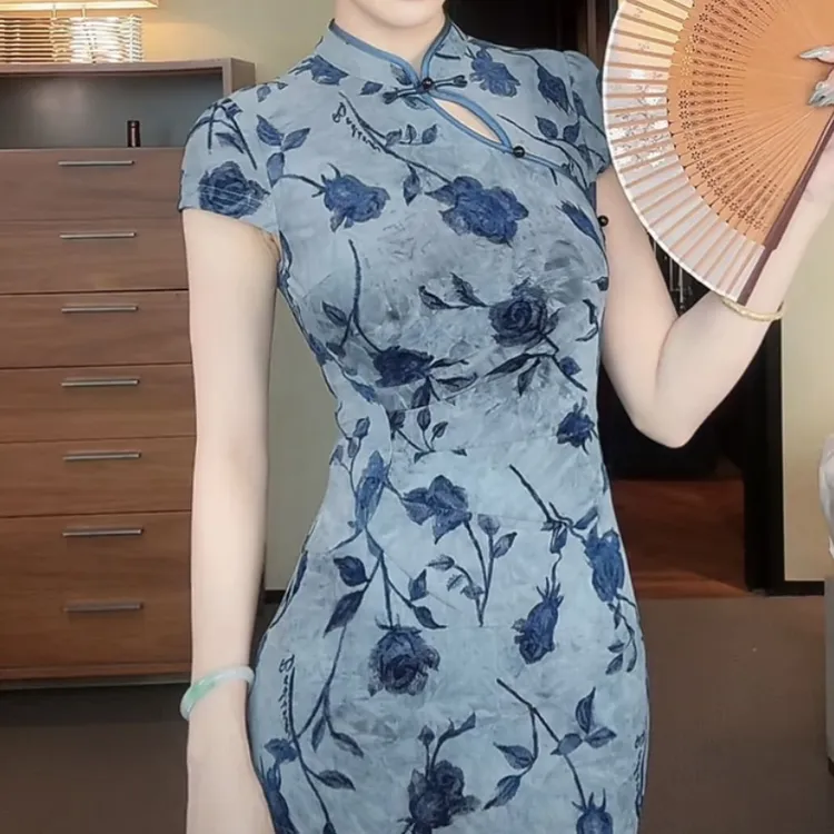 【梦江南】国风新中式蓝花枝旗袍温婉优雅旗袍裙