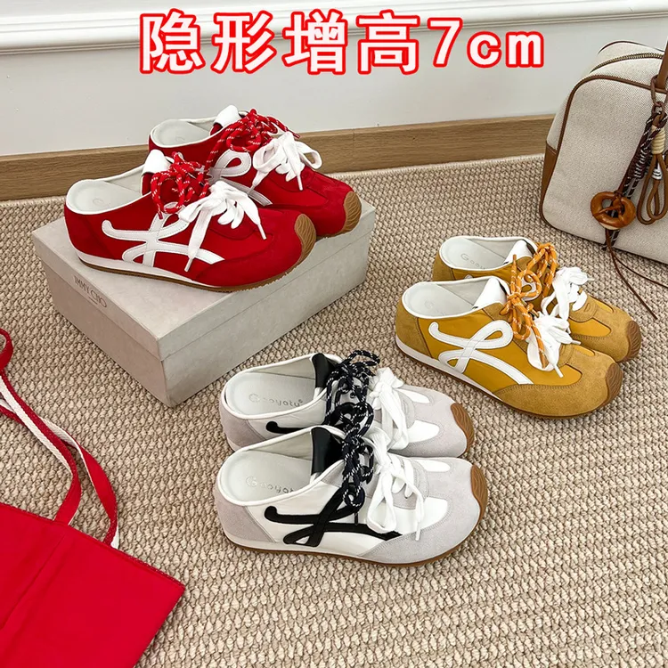 真皮版7cm内增高小歪头包头德训鞋女鞋子软底半拖休闲鞋阿甘鞋
