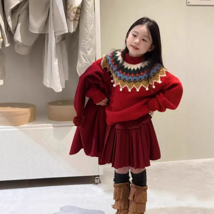 女童复古费尔岛圣诞加厚小众毛衣女宝宝宽松保暖慵懒针织上衣洋气