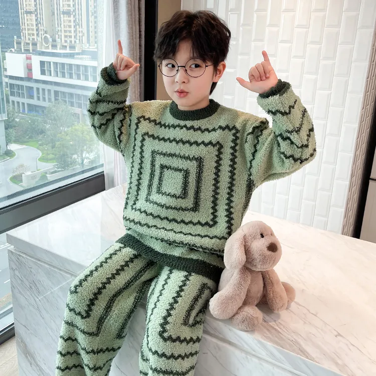 儿童睡衣男童家居服套装珊瑚绒加绒加厚潮中大童男孩半边绒秋冬款