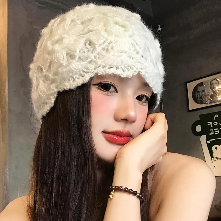 手工编织蕾丝镂空花朵包头帽女秋冬文艺显脸小大头围毛线针织帽子