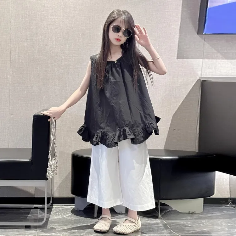 女童娃娃衫纯棉夏装2025新款女大童洋气无袖上衣儿童短袖T恤夏季