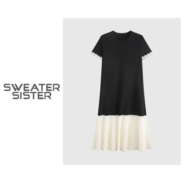 韩系甜美蕾丝拼接假两件短袖连衣裙女6677-2532