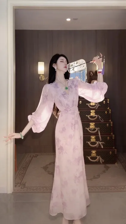 【雅乔定制】鸢尾朦朦 粉紫晕染印花雪纺长袖连衣裙DYTH-25063924