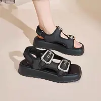 沙滩凉鞋1689夏季新款时尚休闲平底中跟方头魔术贴女鞋X