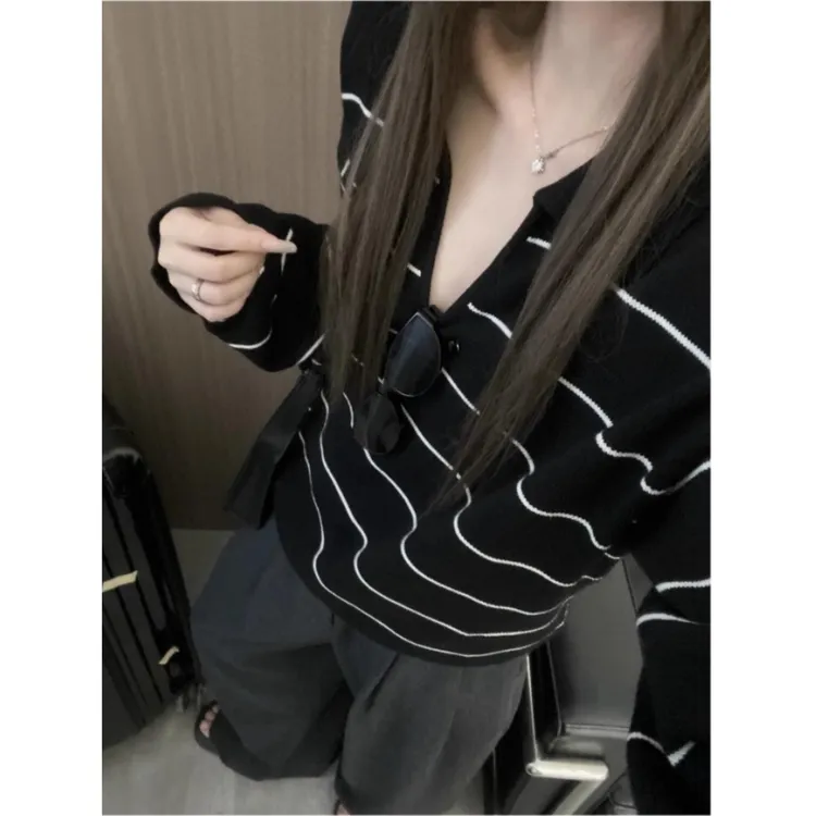 韩系软糯复古慵懒风POLO领条纹针织衫女2025早秋宽松百搭V领毛衣