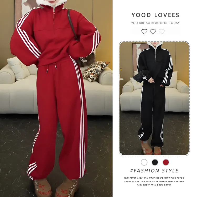 高级感毛领休闲外套时尚套装女2025秋冬加厚加绒阔腿裤两件套时尚