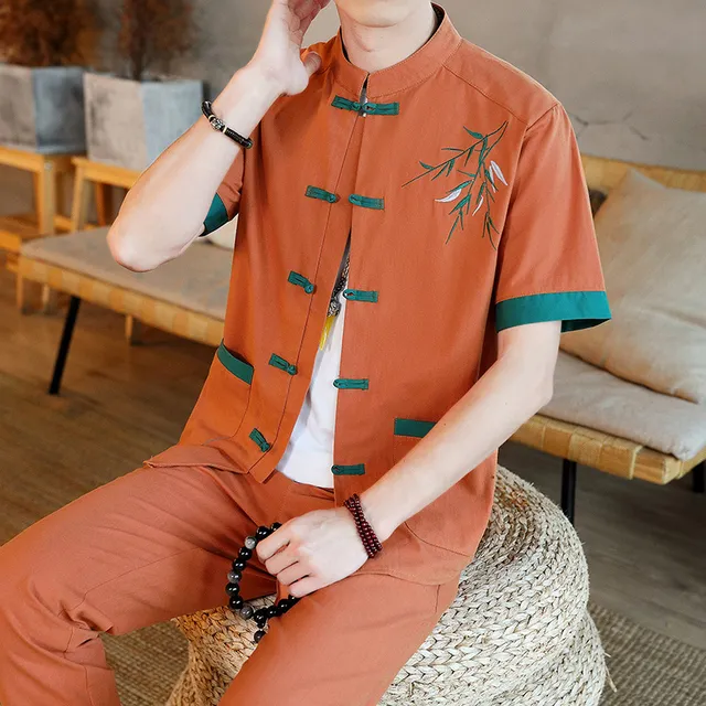 国风休闲长裤套装男士夏季薄款立领短袖衬衫中式复古半袖衬衣一套