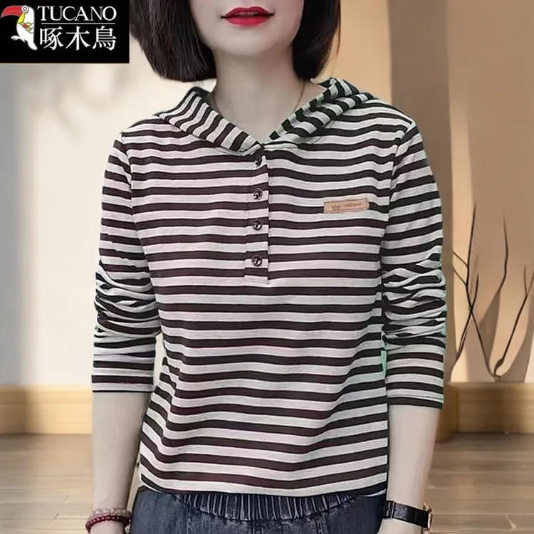 啄木鸟连帽休闲百搭长袖T恤2025年新款春秋条纹撞色时尚韩版上衣
