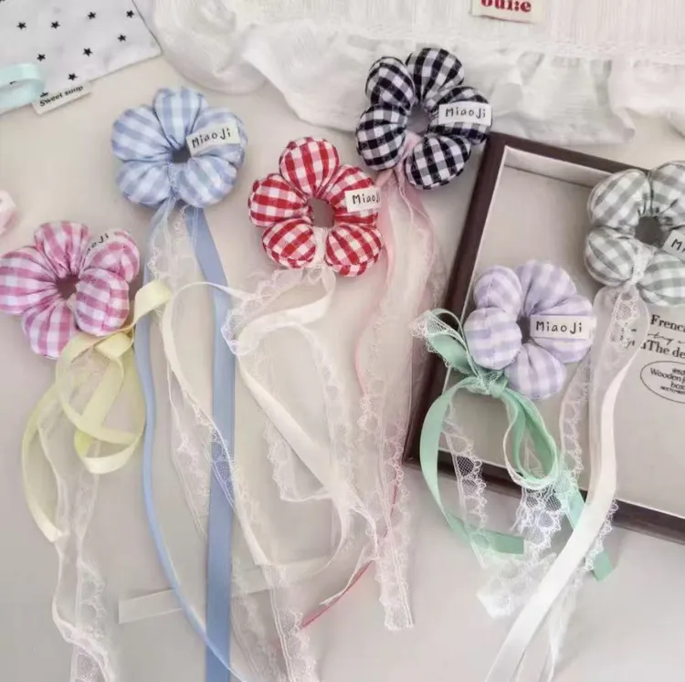 甜美格纹蕾丝飘带儿童花朵发圈韩系丸子头发绳花苞头公主风头绳