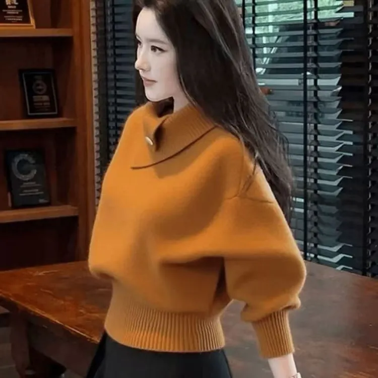 秋冬韩系淡人高知老钱风轻熟设计感软糯慵懒橘色高领打底针织衫女