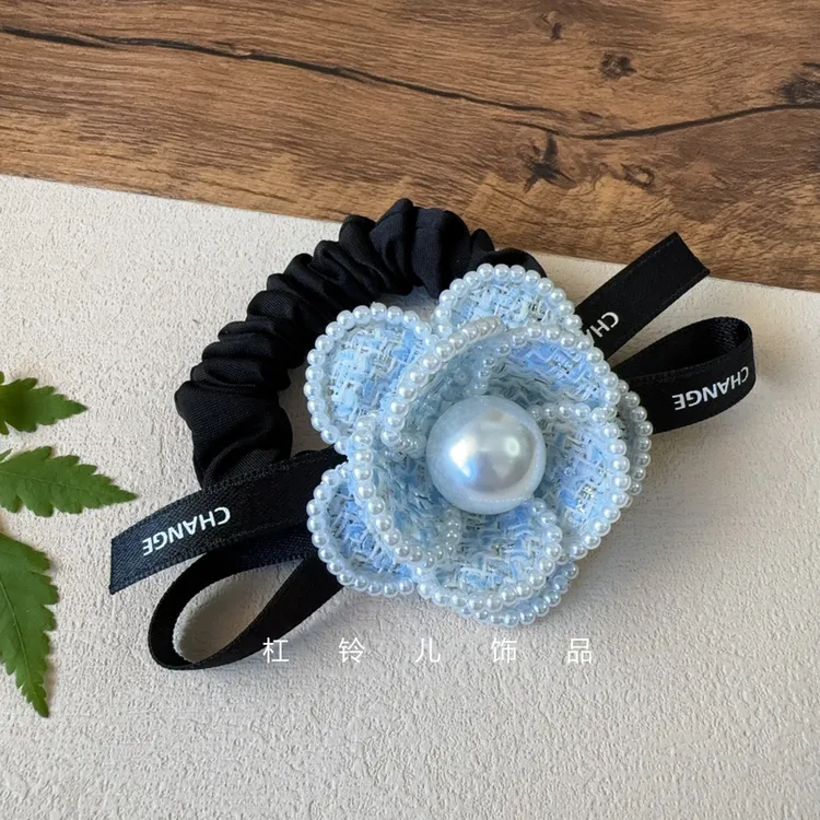 名媛小香风珍珠山茶花大肠发圈气质蝴蝶结飘带发绳扎马尾头绳头饰