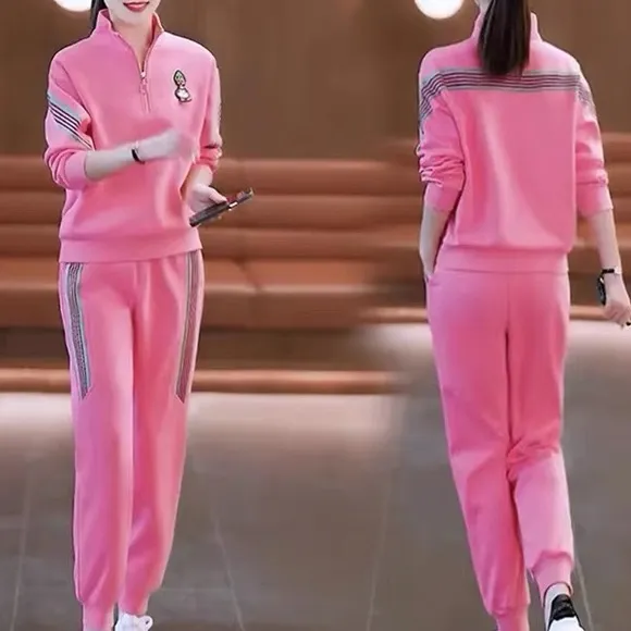 粉色卫衣运动套装女士春秋季2025年新款时尚休闲服束脚卫裤两件套