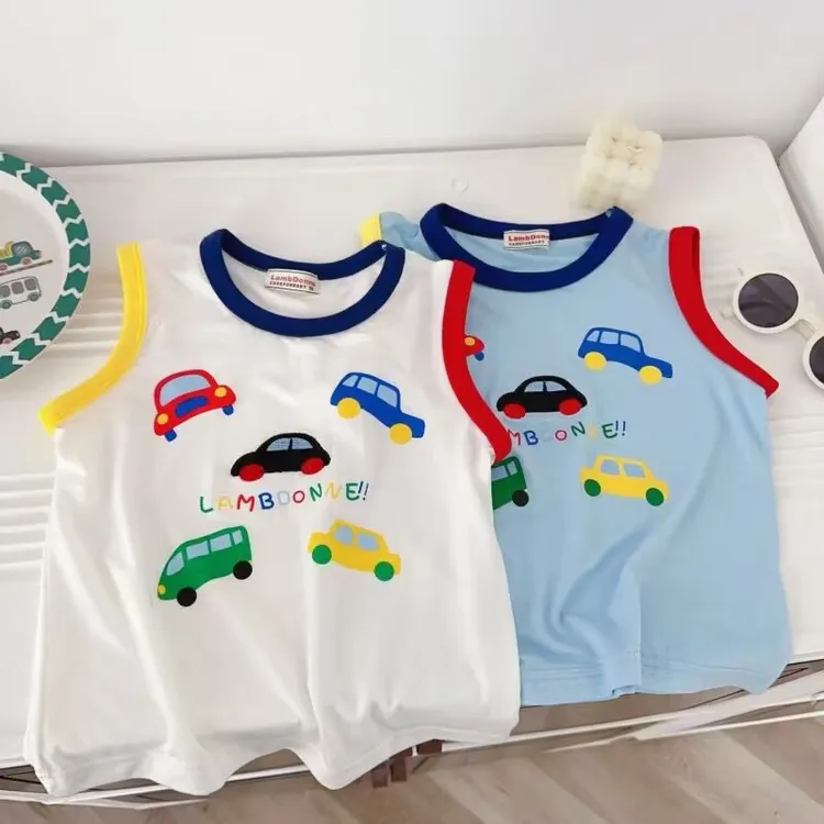 夏季新款男童莫代尔背心上衣卡通小汽车宝宝圆领套头可爱无袖衫