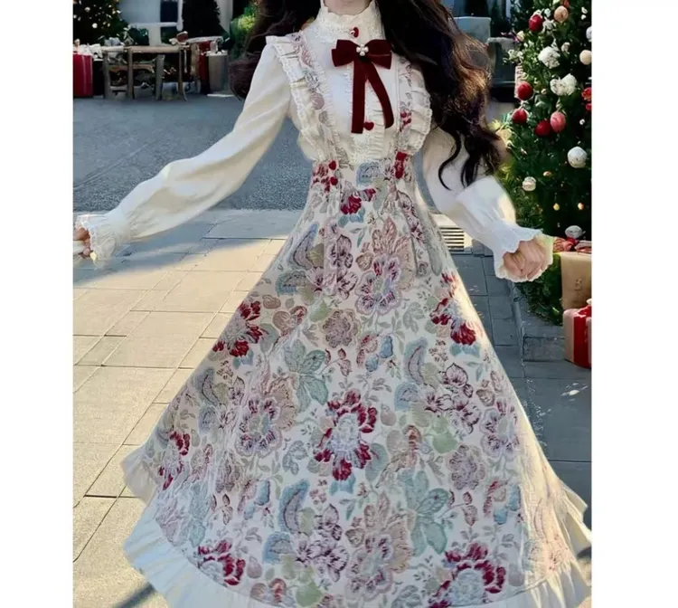 法式复古设计感爱心扣长袖衬衫气质提花刺绣百搭吊带裙