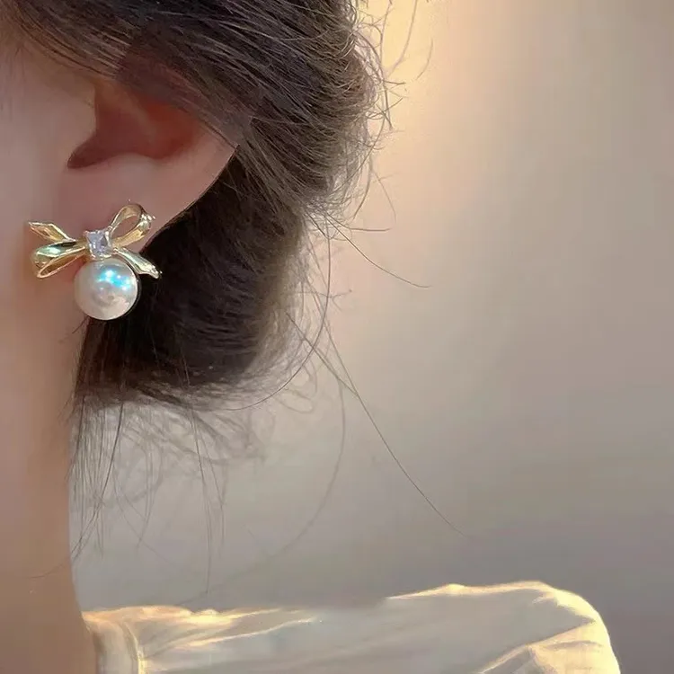 925银耳饰 s925银针蝴蝶结珍珠耳钉2024年新款时尚百搭耳环高级感