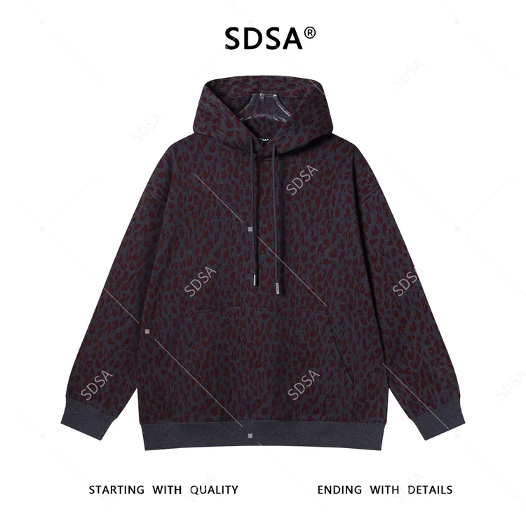 SDSA男士秋冬新款痞帅男装撞色豹纹印花抽绳连帽卫衣宽松简约上衣