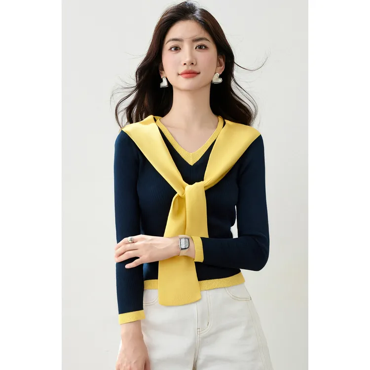 秋新款两件套撞色披肩针织衫2025韩系穿搭V领显瘦长袖上衣春秋