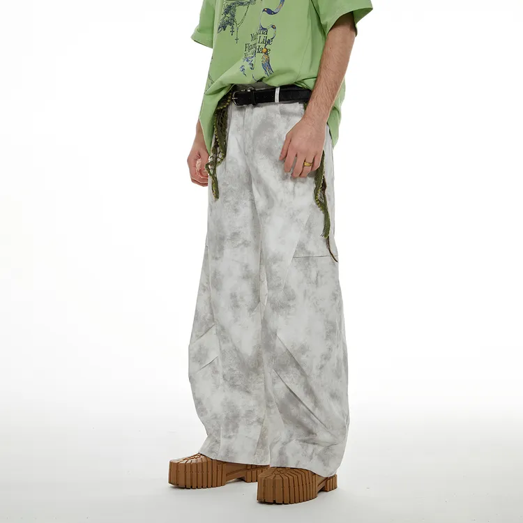 PASET美式复古弯刀白色扎染脏脏裤男宽松直筒阔腿休闲长裤裤子