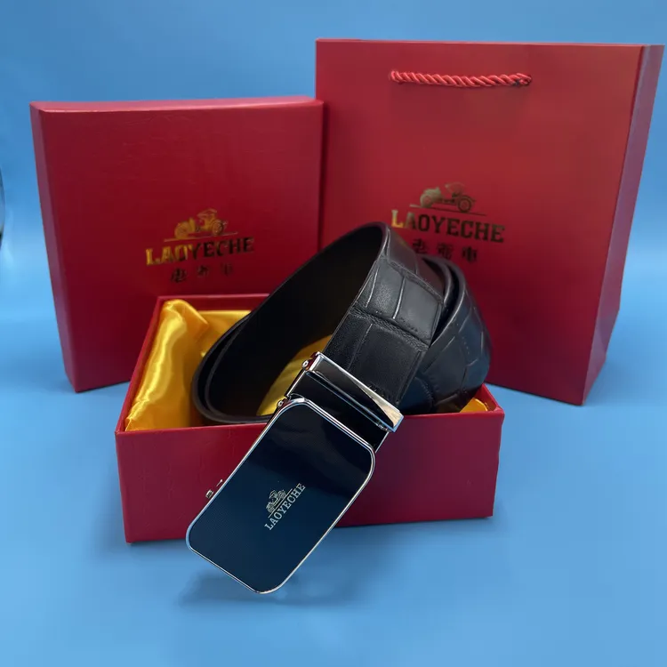 老爷车无牙【合金外穿】男士无牙自动扣鳄鱼纹头层牛皮皮带