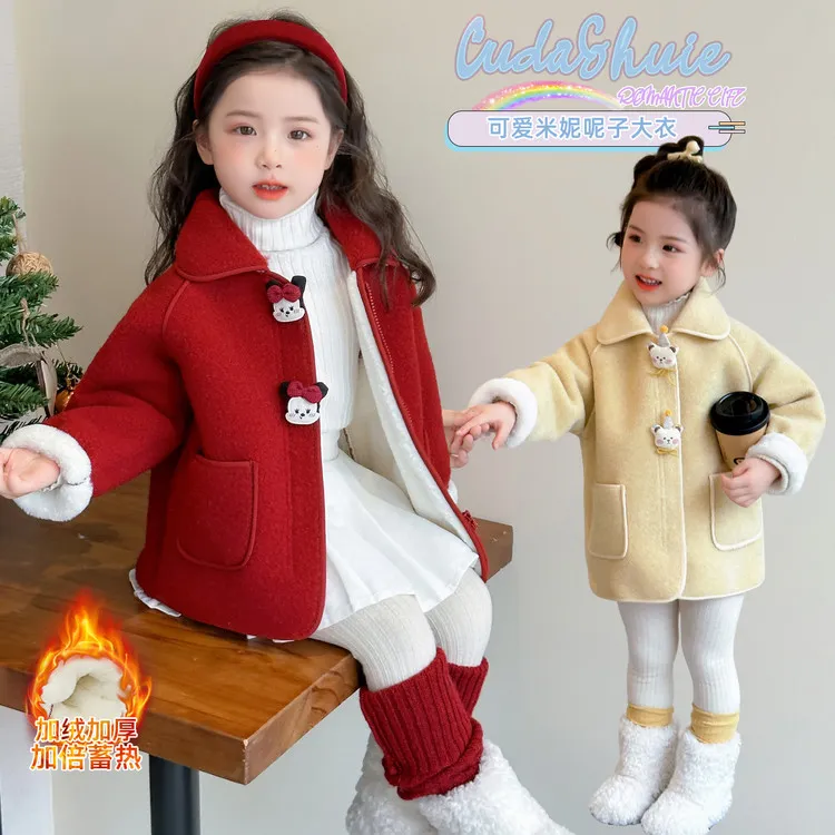 加绒加厚款纯色娃娃领B类呢大衣翻领圆领卡通动漫秋冬季外套
